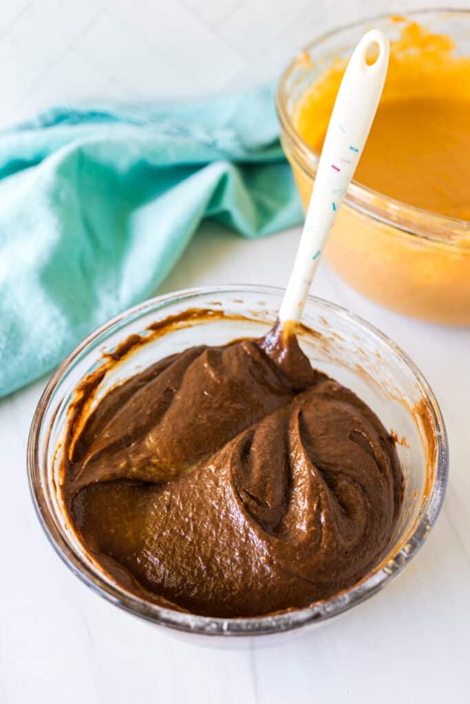 chocolate cake batter in a mixing bowl.