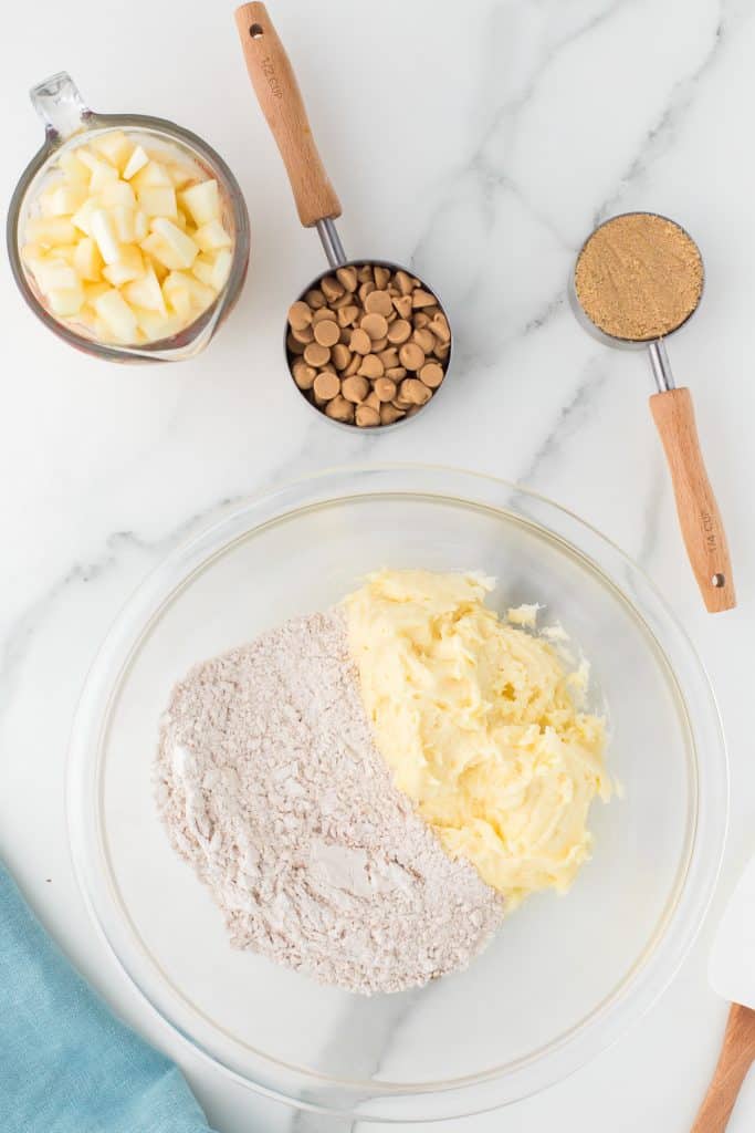 overhead shot of ingredients in a glass mixing bowl.