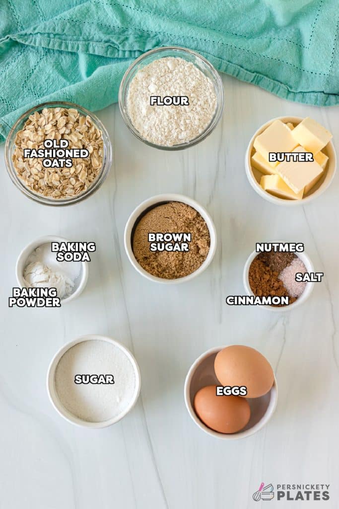 overhead shot of labeled ingredients laid out to make oatmeal cookies.