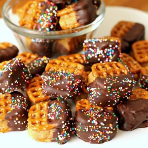bowl of chocolate dipped peanut butter pretzel bites