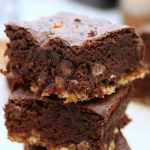 closeup of pretzel crusted brownie stack