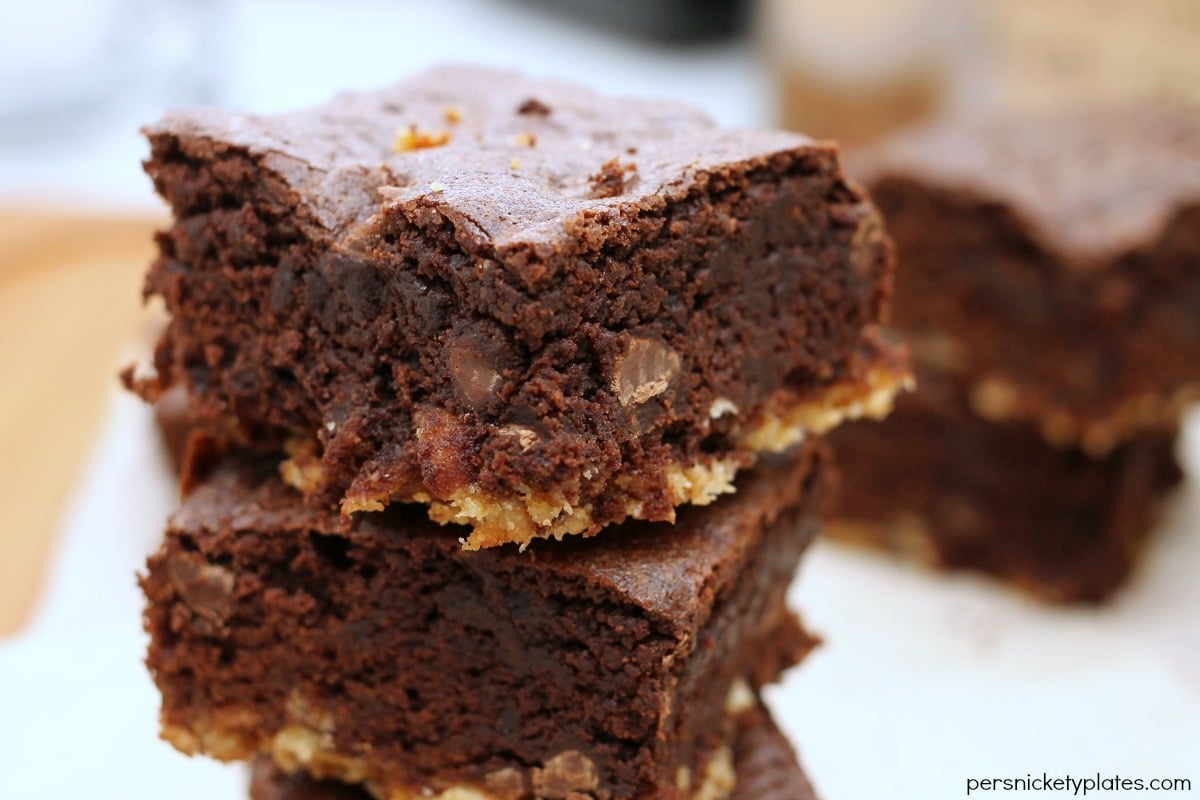 Pretzel Crusted brownies stack of chocolate chip brownies
