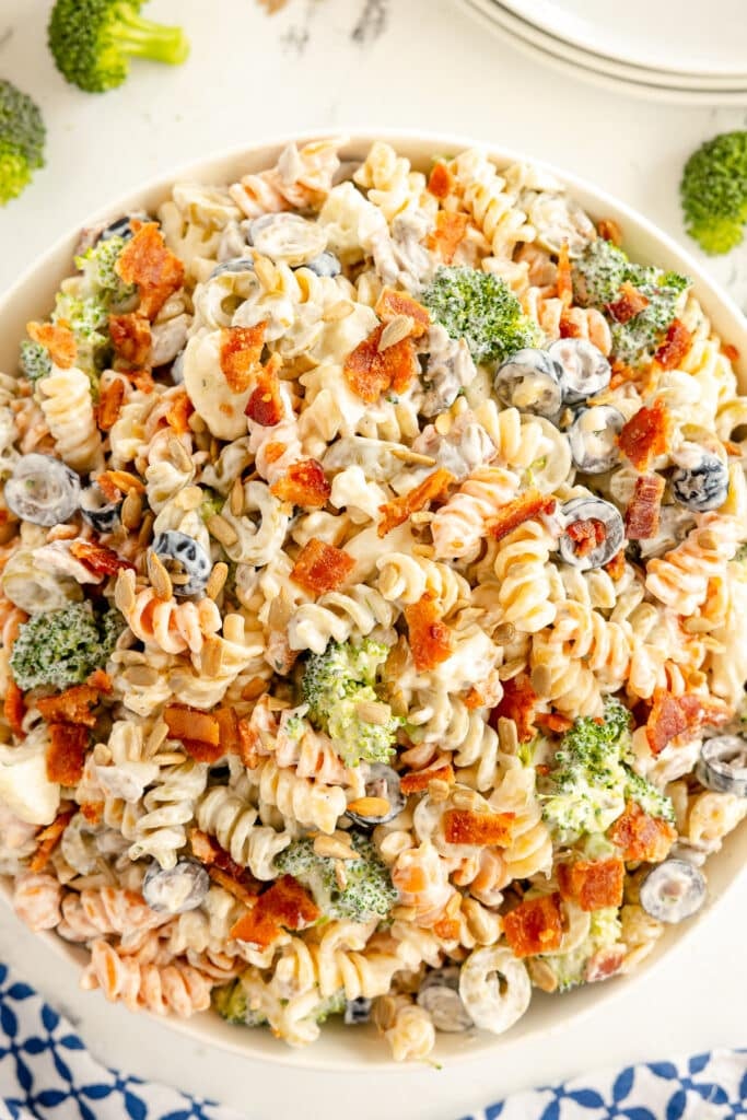 overhead shot of serving bowl of bacon ranch pasta salad.