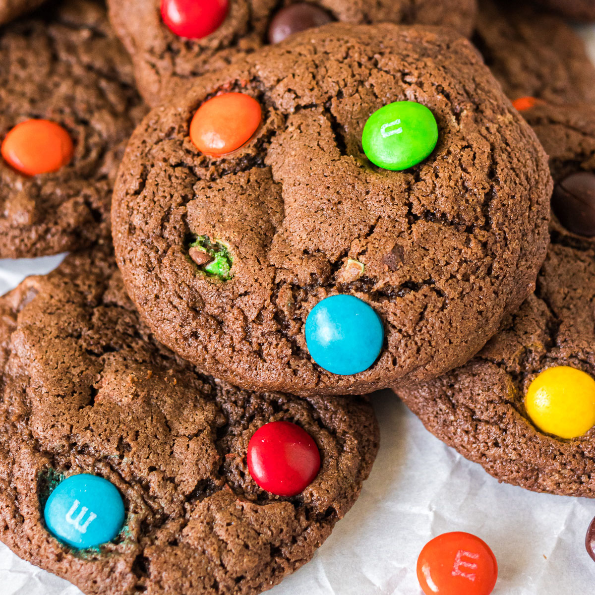 brownie cookies filled with colorful M&Ms.