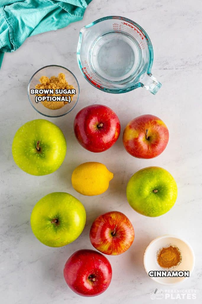 overhead shot of labeled ingredients laid out to make applesauce.