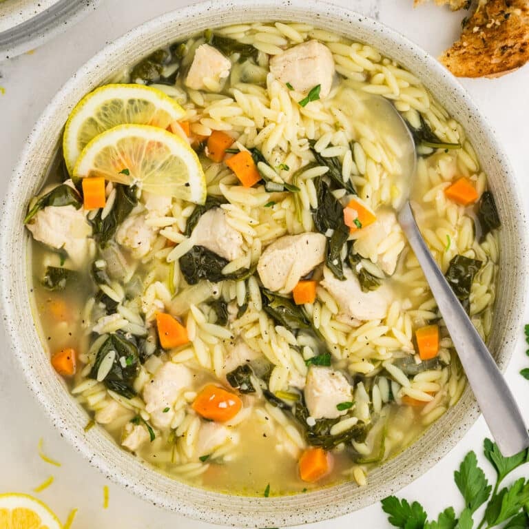 overhead shot of a bowl of lemon chicken orzo soup.