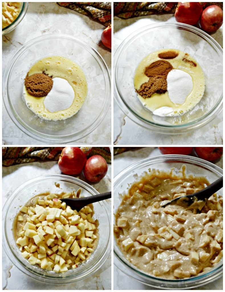 collage of 4 photos showing the process of making an apple bundt cake.