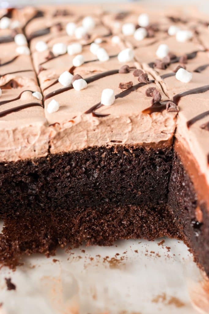 side view of a hot chocolate poke cake.