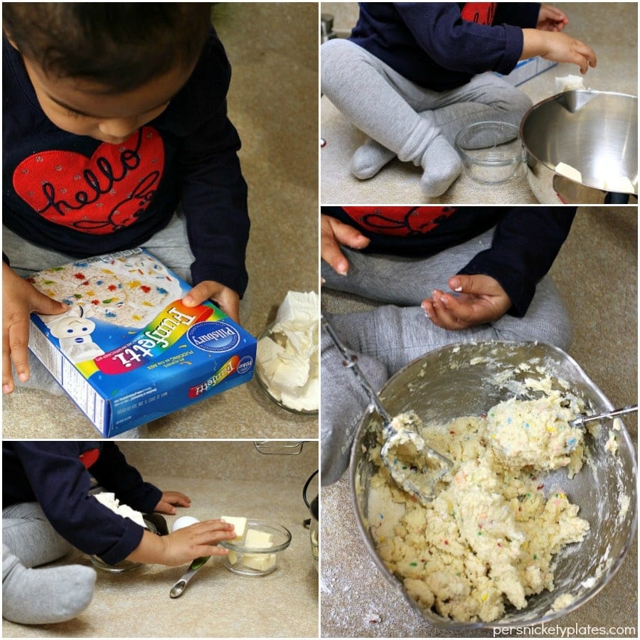 collage of toddler preparing cream cheese funfetti bars Cream Cheese Funfetti Bars are simple, semi-homemade treats that are perfect to kick off spring baking. Start with a box funfetti cake mix and add cream cheese to make these fun and delicious bars! | www.persnicketyplates.com