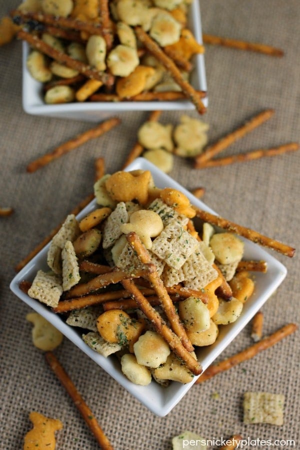 overhead shot of two bowls of ranch cocktail crackers