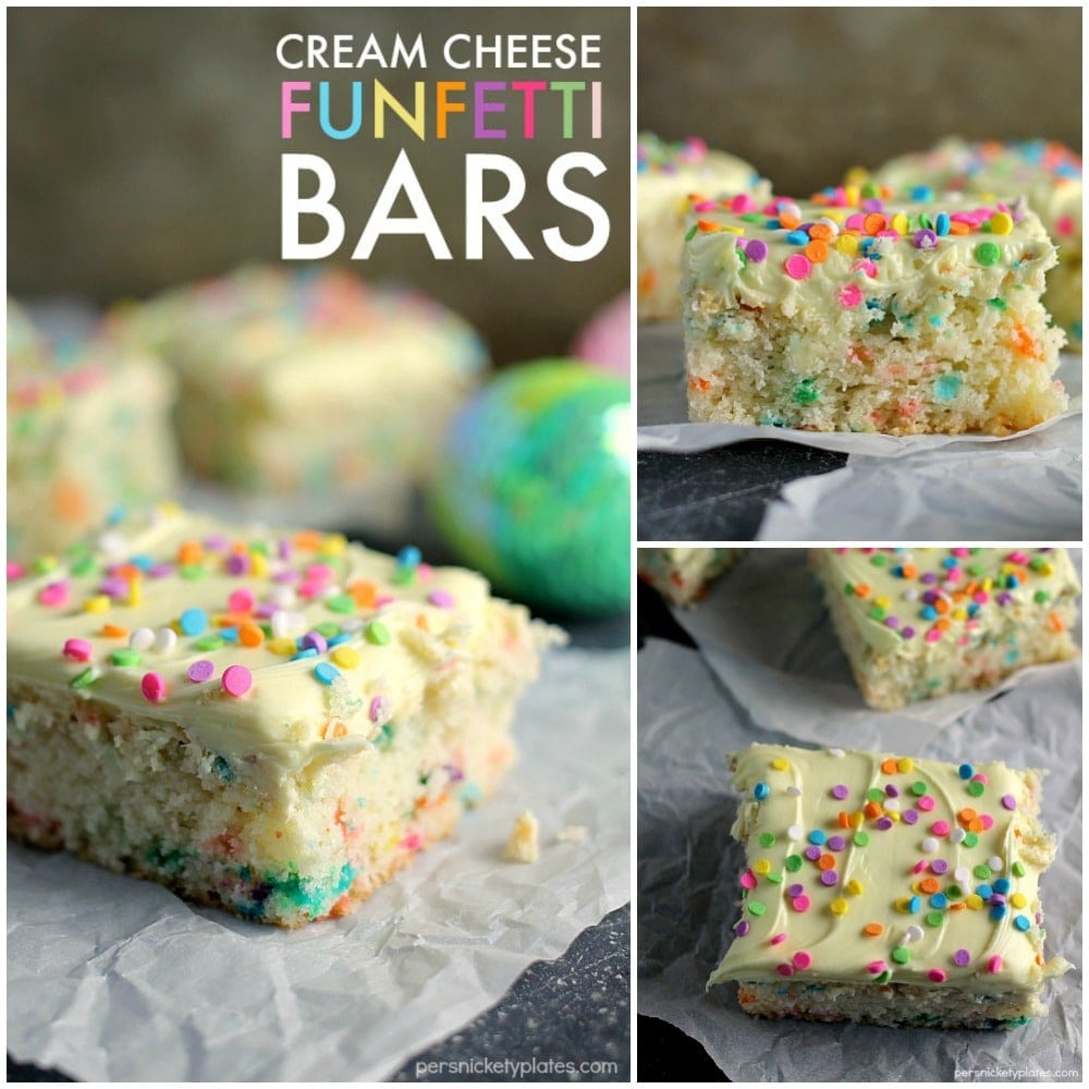 collage of cream cheese funfetti bars Cream Cheese Funfetti Bars are simple, semi-homemade treats that are perfect to kick off spring baking. Start with a box funfetti cake mix and add cream cheese to make these fun and delicious bars! | www.persnicketyplates.com