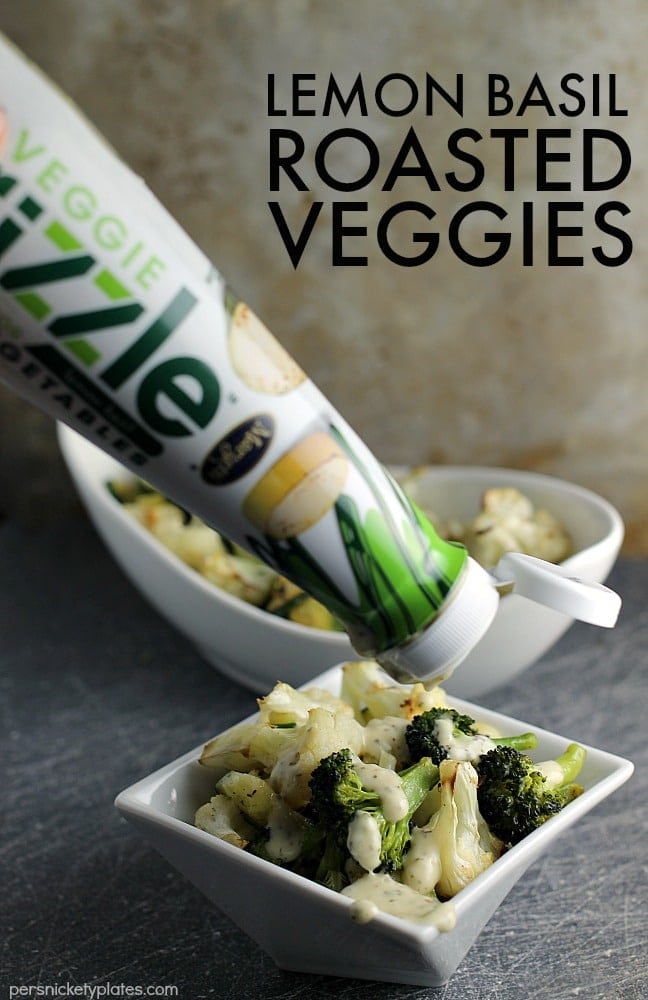 Simple blend of roasted broccoli, cauliflower, and zucchini flavored with dollops of Marzetti Lemon Basil finishing sauce. | Persnickety Plates AD