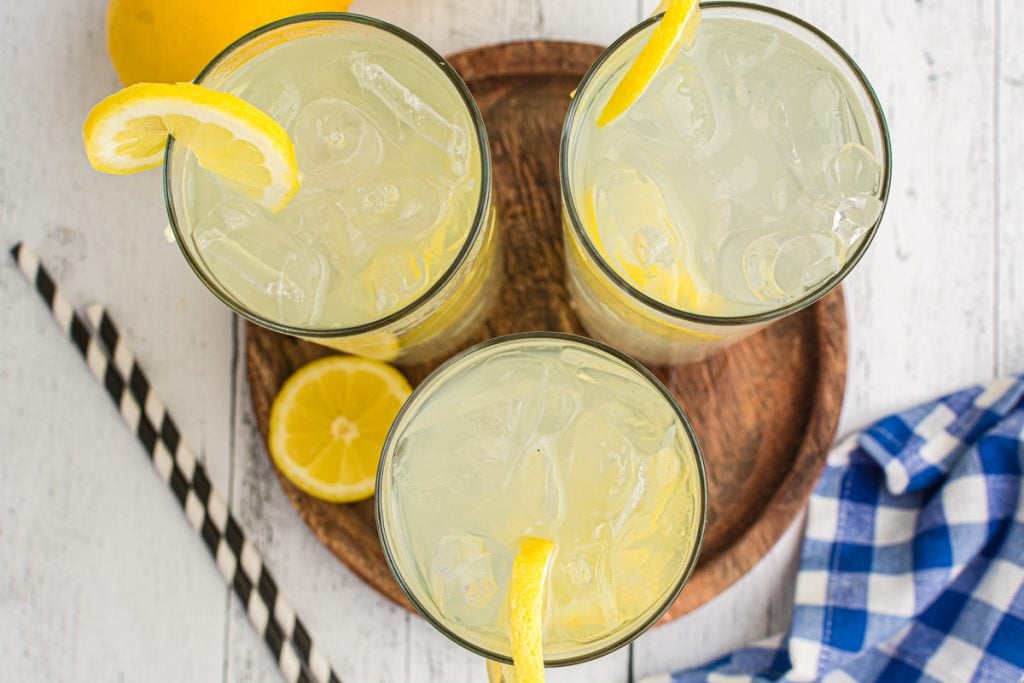 overhead shot of 3 glasses of lemonade.