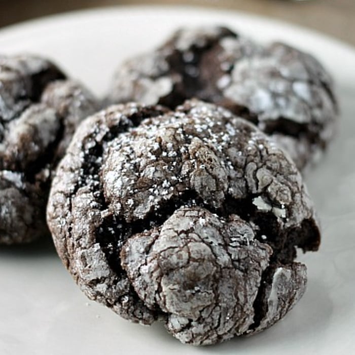 Chocolate Gooey Butter Cookies are light and pillowy and melt in your mouth! At only six ingredients, they just might be your new favorite cookie! | www.persnicketyplates.com #dessert #cookies #cakemixcookies #chocolate #baking #easyrecipe #semihomemade #christmascookies close up gooey butter cookie with powdered sugar
