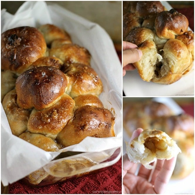 Apple Filled Pull Apart Bread is sticky and sweet and easy to make with the help of Rhodes Dinner Rolls! Pick your favorite fall apples and let your kids help you put together this simple dessert. | Persnickety Plates