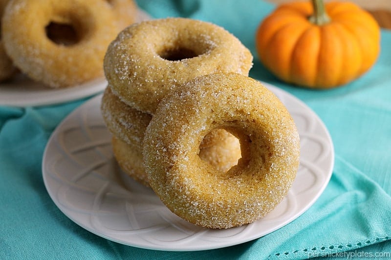 plate of sugar coated donuts with pumpkin in background