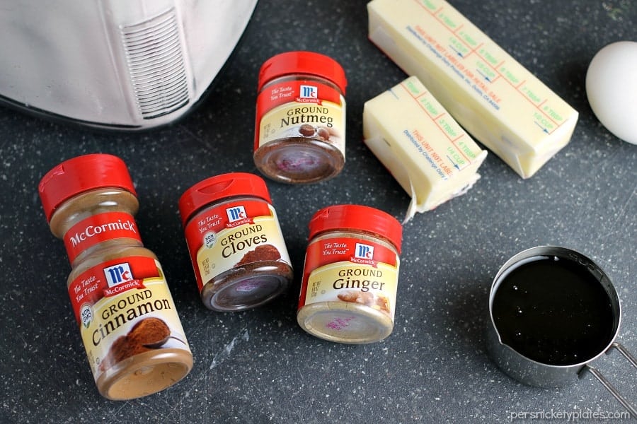 spices, butter, and molasses laid out to make ginger snap cookies