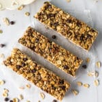 three homemade chocolate chip granola bars.