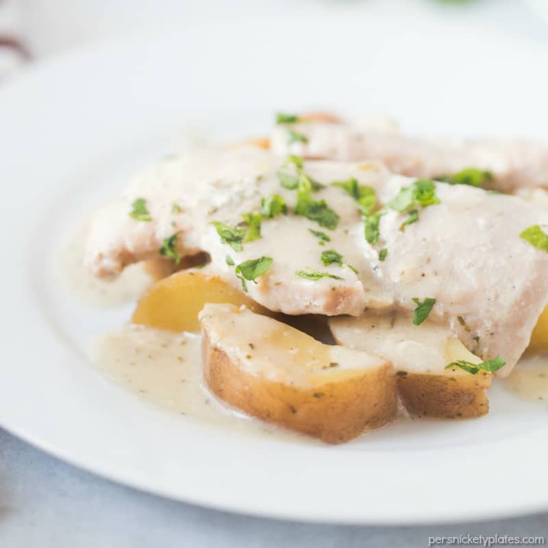 Slow Cooker Creamy Ranch Pork Chops & Potatoes – six ingredients and a full meal right in your slow cooker! | www.persnicketyplates.com ranch pork chops & potatoes on white plate