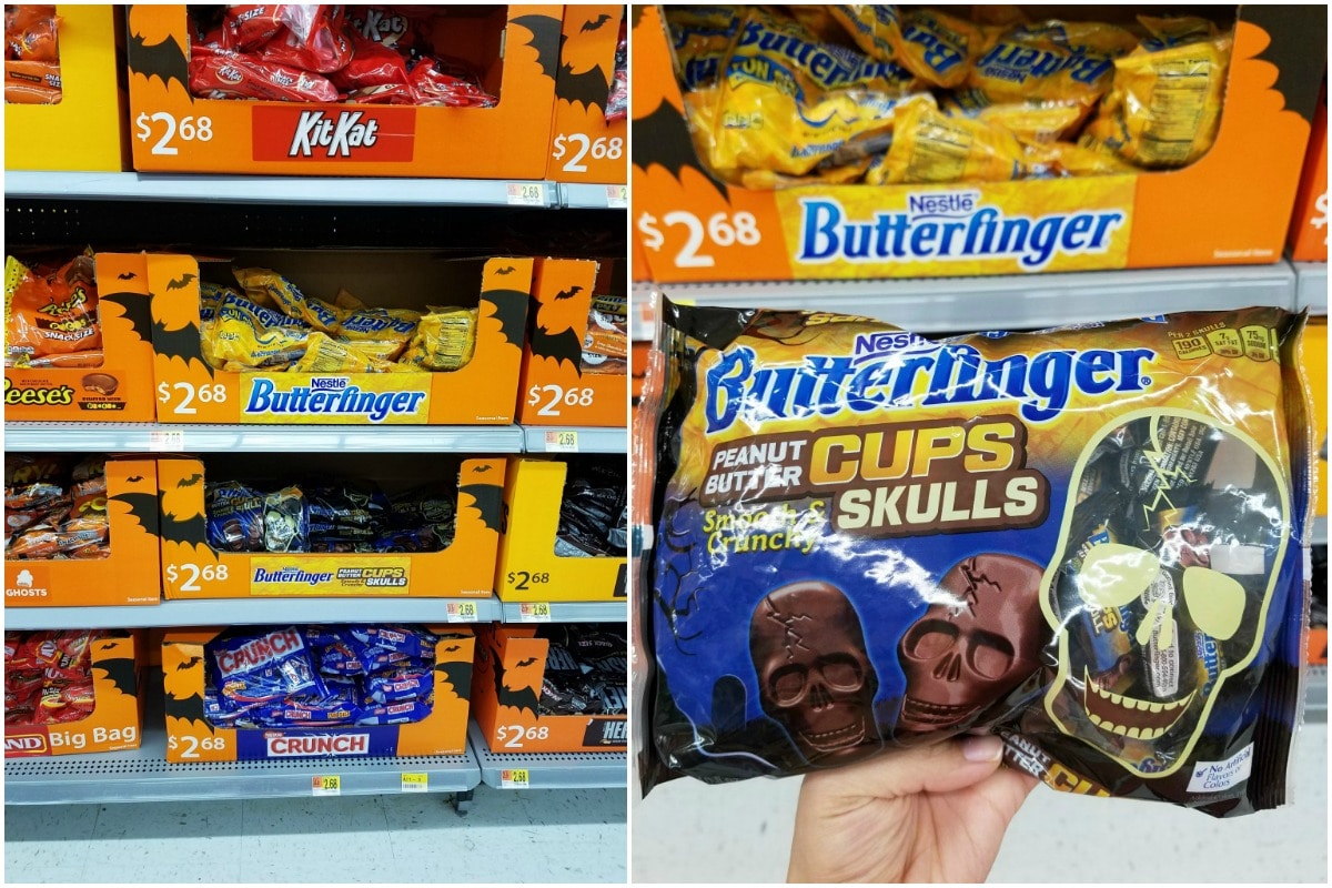 Peanut Butter Butterfinger Skull Cookies start with a soft and chewy from scratch peanut butter cookie then are topped with a spooky, decorated Butterfinger Peanut Butter Skull Cup. Perfect for any Halloween party! | www.persnicketyplates.com