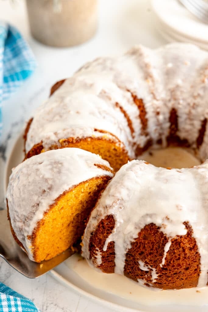 overhead shot of a glazed butterscotch bundt cake.