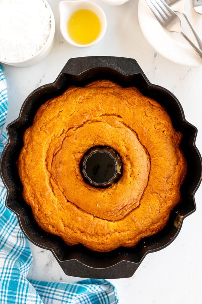 bundt cake in the pan.