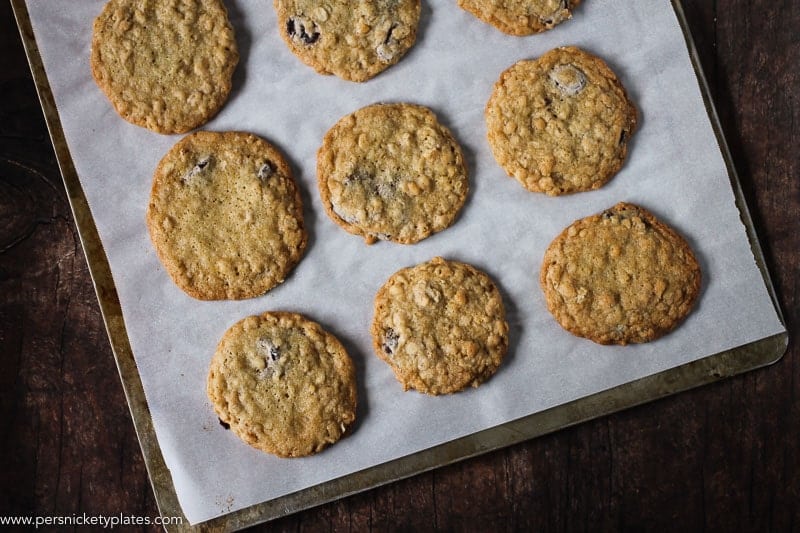 baking sheet with 9 ranger cookies on it.