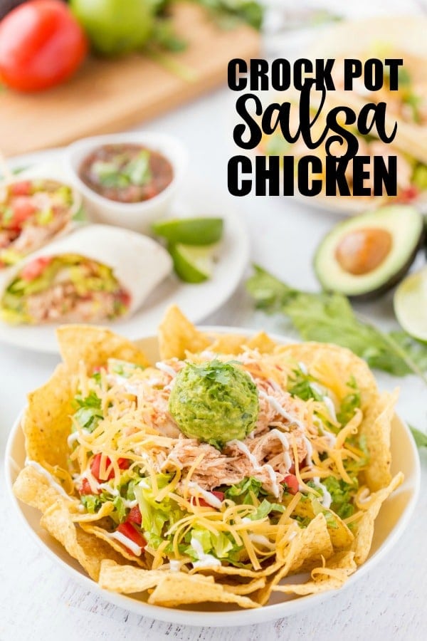 crockpot salsa chicken nachos and burritos Three ingredient Crock Pot Salsa Chicken is in my regular dinner rotation because it's so easy & so good! Flavorful and versatile, this crockpot chicken breast recipe can be made into burritos, taco bowls, nachos, whatever you feel like! | www.persnicketyplates.com