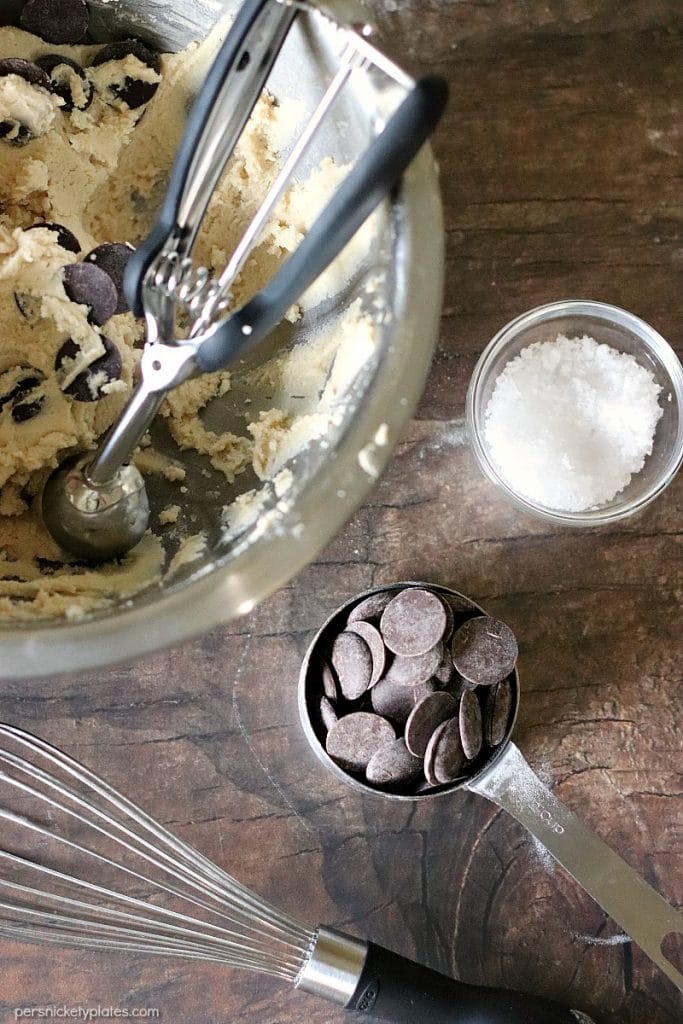 overhead shot of chocolate chips in a measuring cup