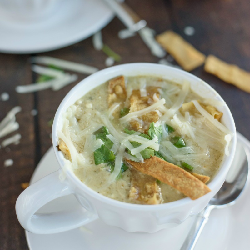 Slow Cooker Green Chile Chicken Enchilada Soup takes everything you love about chicken enchiladas and puts it in soup form. It's especially easy because it's a crock pot recipe! | www.persnicketyplates.com white bowl of slow cooker green chile chicken enchilada soup topped with cheese & tortilla strips