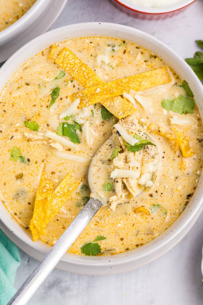 bowl of green enchilada soup topped with tortilla strips, cheese, and cilantro.