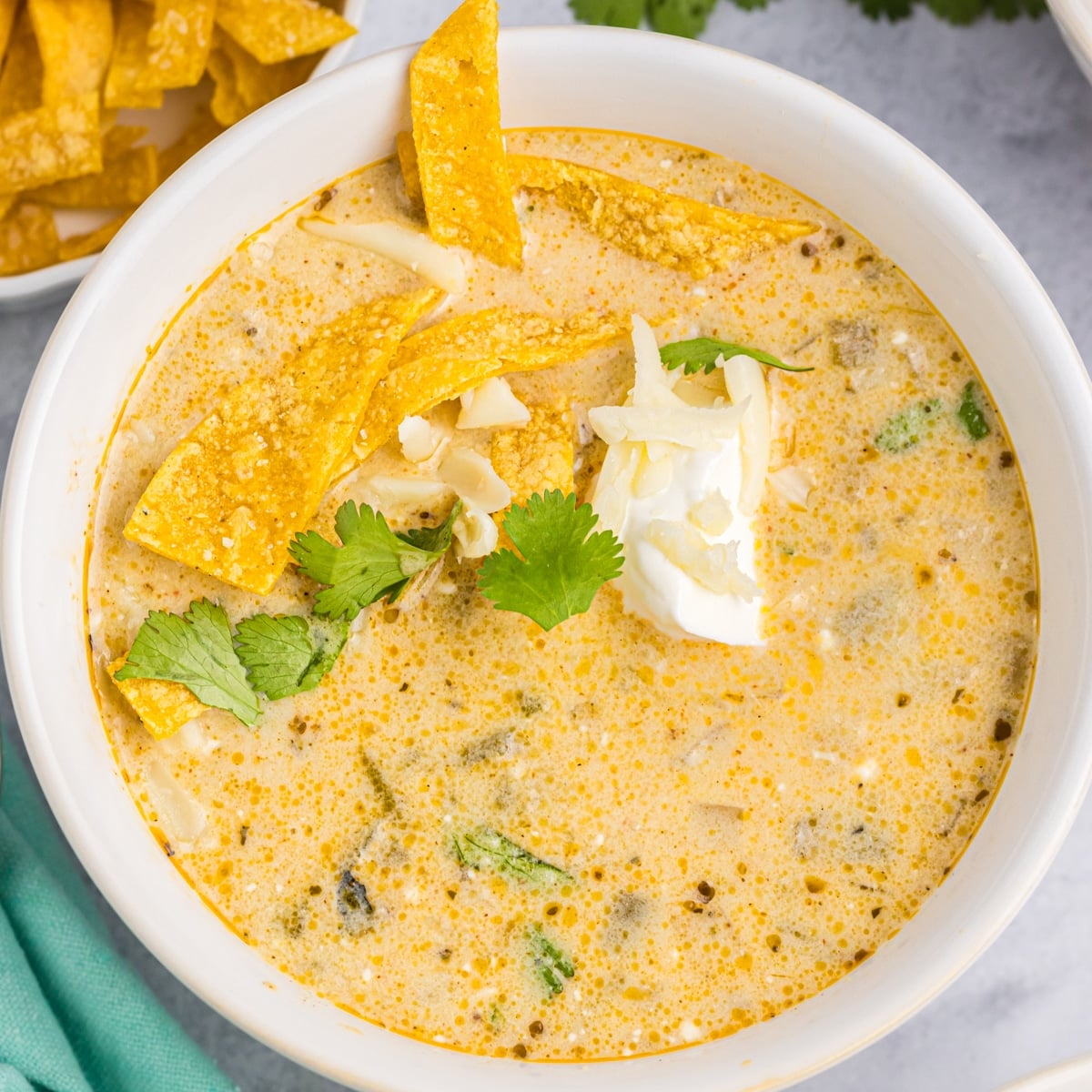 overhead shot of bowl of green enchilada soup topped with tortilla strips & cilantro.
