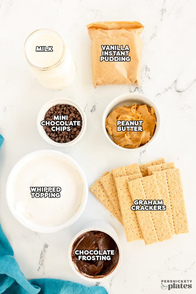 overhead shot of labeled ingredients laid out to make chocolate eclair dessert.