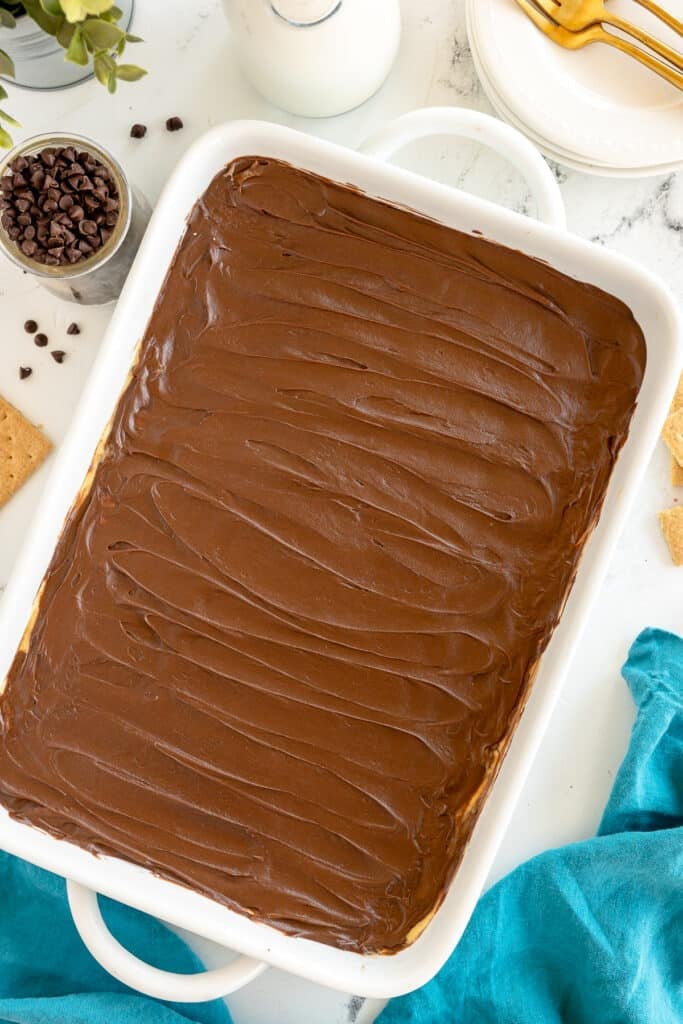overhead shot of peanut butter chocolate eclair dessert in a baking dish.