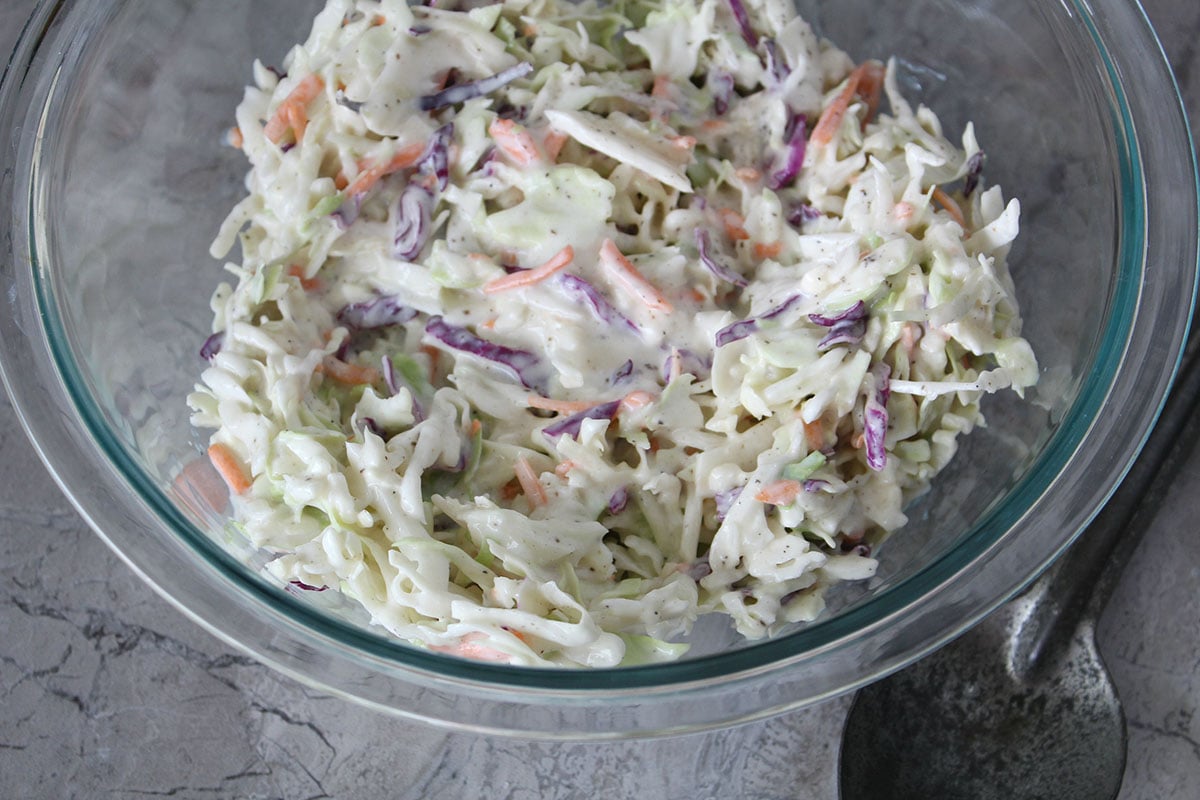 coleslaw in mixing bowl