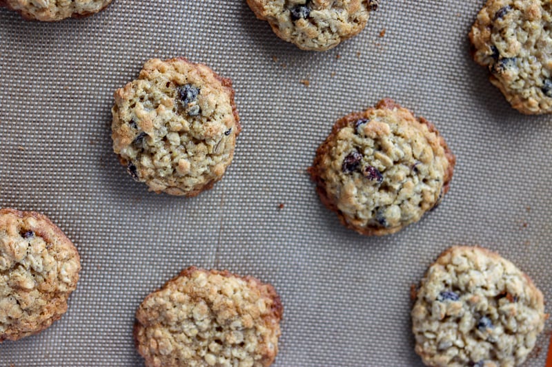 oatmeal raisin cookies on baking sheet.