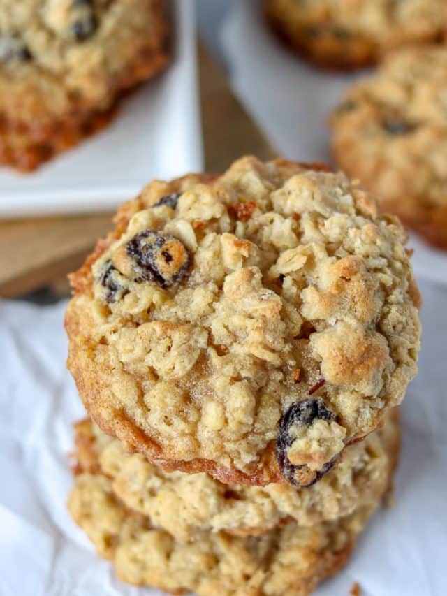 overhead shot of oatmeal raisin cookie stack.
