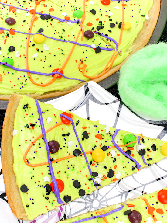 brightly colored halloween cookie pizza