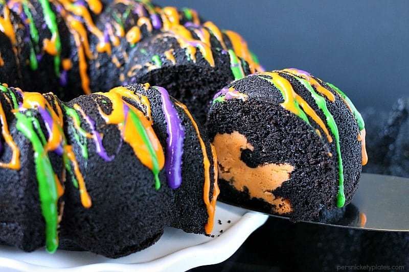 colorful halloween chocolate tunnel bundt cake