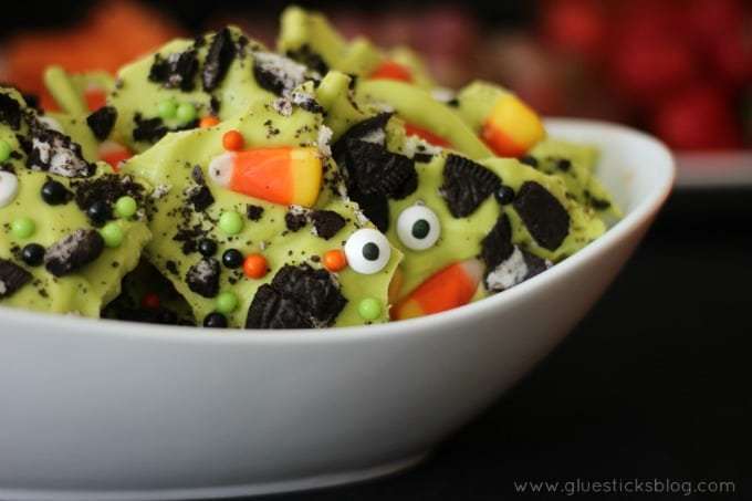 bowl full of green halloween candy bark