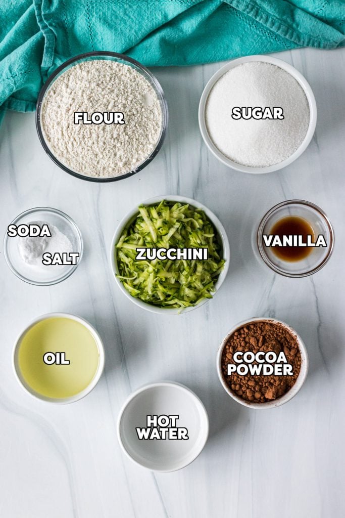 overhead shot of ingredients laid out to make zucchini brownies.