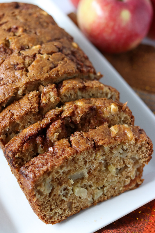 overhead shot of sliced loaf of apple bread