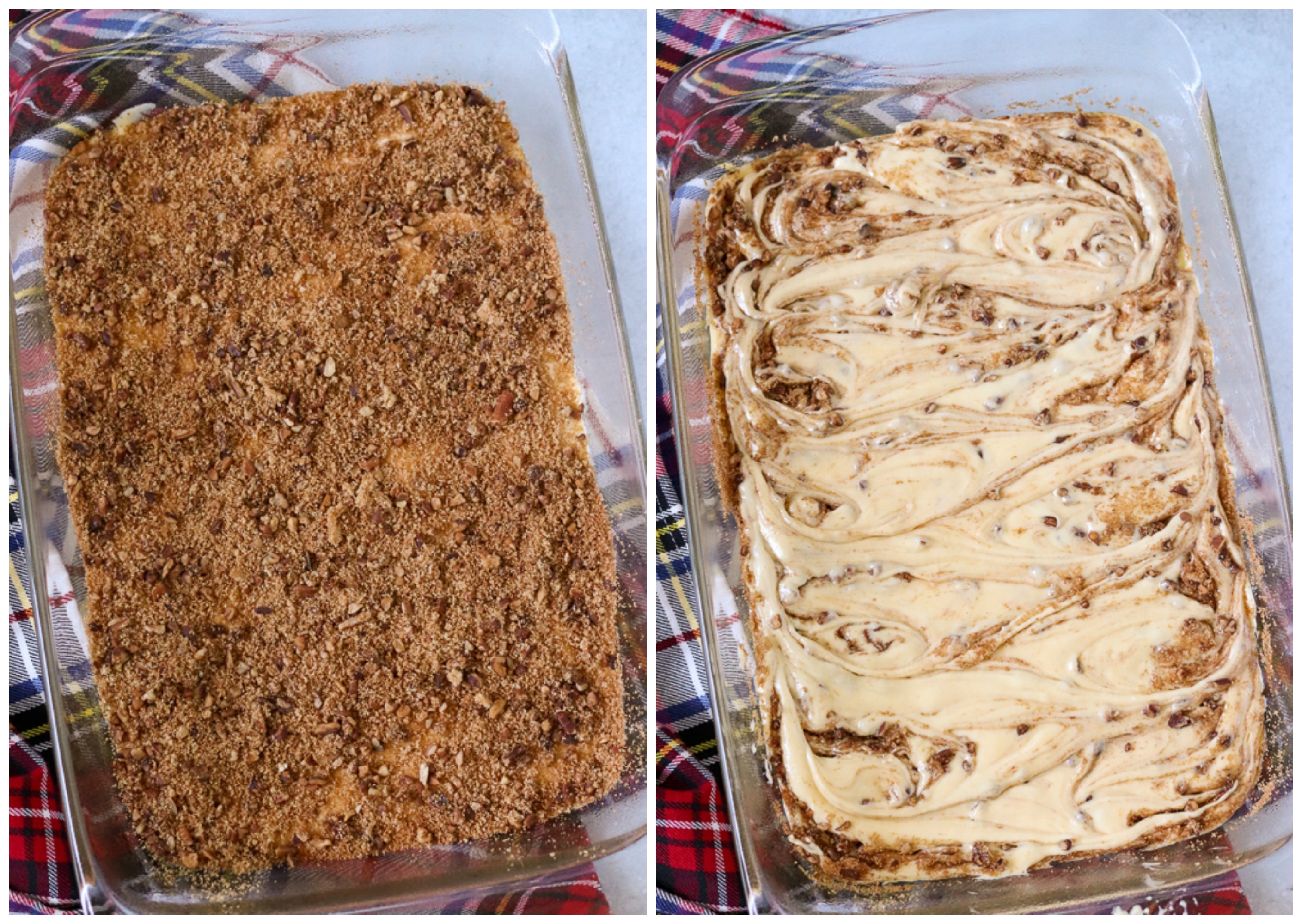 overhead shot of honey bun cake batter in baking dish