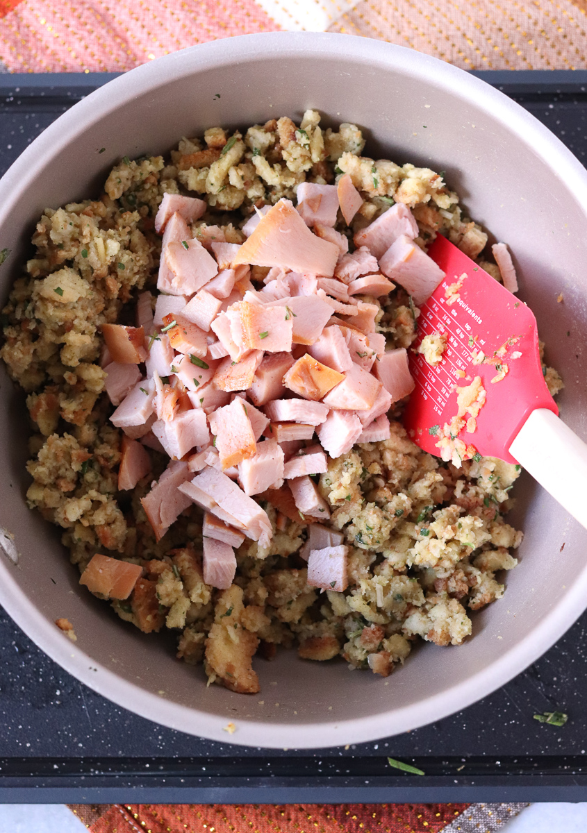 overhead shot of turkey & stuffing in pan
