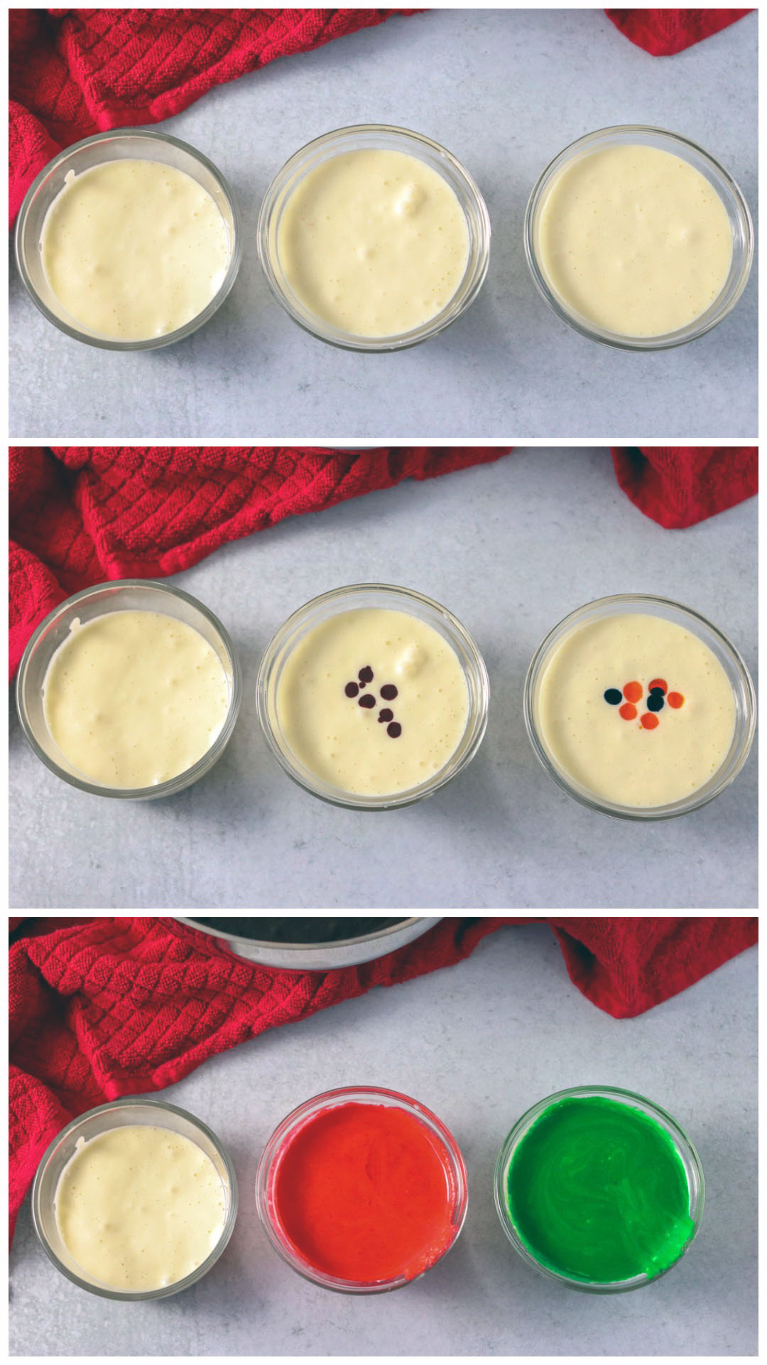 cheesecake batter in 3 bowls dyed green, red, & white