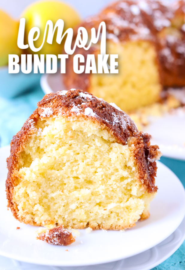 slice of lemon bunt cake with cake in background