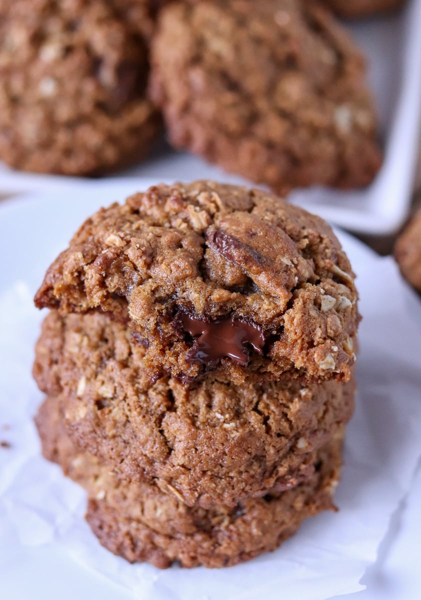 cookie stack with bite out of the cookie and melty chocolate