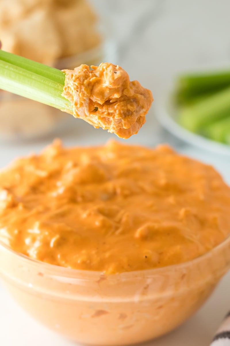 buffalo chicken dip on a slice of celery