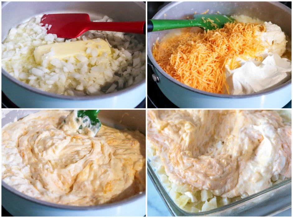 process shots of cheese in pan making a casserole