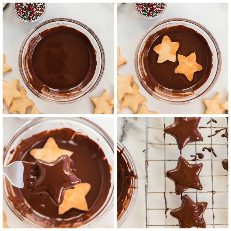 overhead shot of dipping shortbread star cookies into chocolate